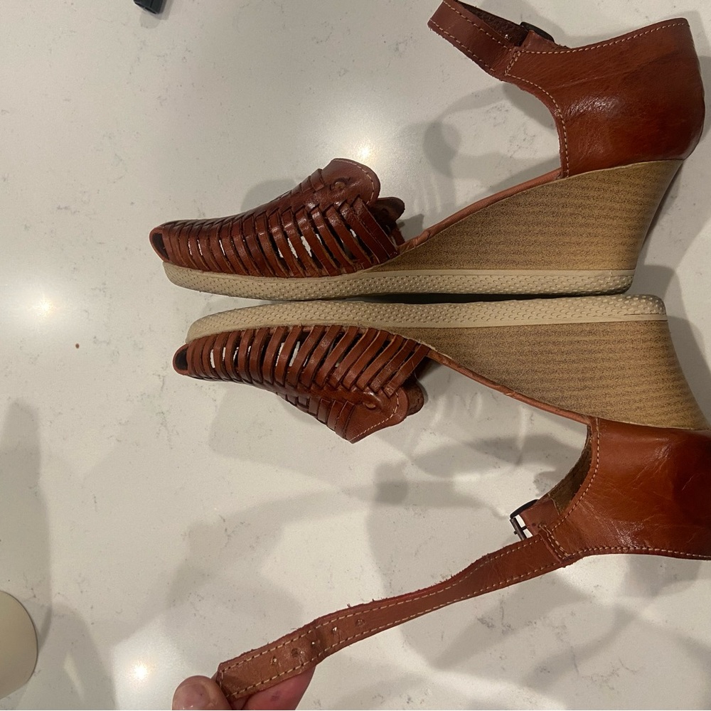 Maya Brown Woven Leather Wedge Sandals - Picture 7 of 10